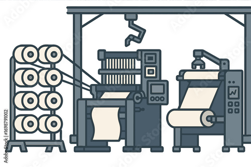 In a large industrial factory, automated textile machinery is in operation