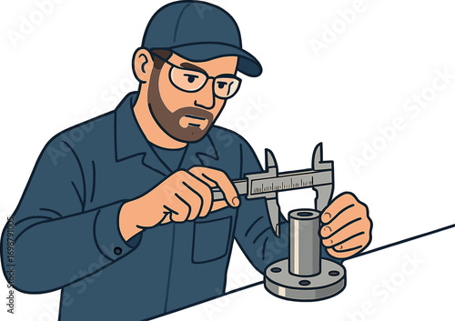 A skilled worker accurately measures a metal component in an industrial workshop during the day