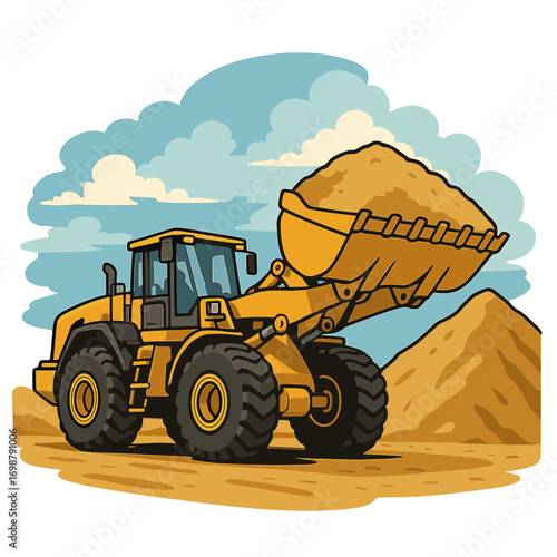 A powerful wheel loader or bulldozer is at work on a quarry or construction site, its bucket brimming with sand against the sky, exemplifying modern earth‑moving equipment
