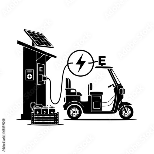Silhouette of an electric three wheeled vehicle charging from a solar powered station with a lightning bolt symbol isolated on white background isolated on transparent background