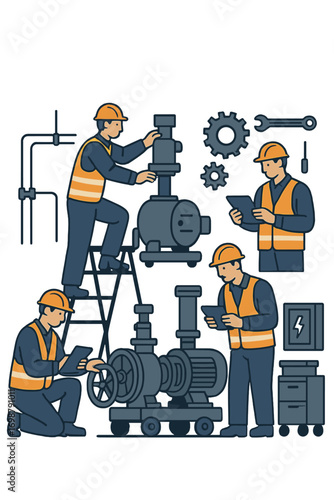 Workers inspect and maintain machinery in an industrial maintenance workshop