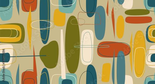 Mid-Century Modern Abstract Pattern with Geometric Shapes and Retro Colors.
