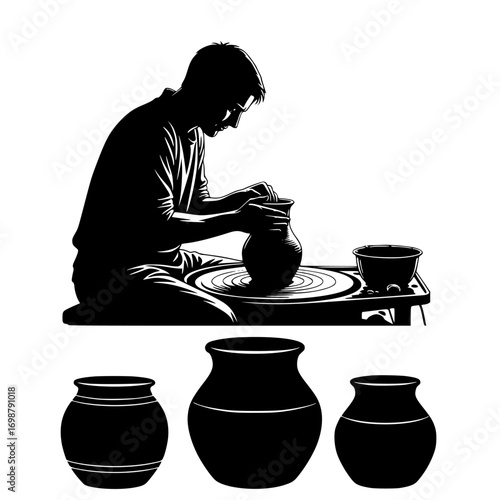 Silhouette of a potter working on a wheel with three finished pots displayed below isolated on white background isolated on transparent background