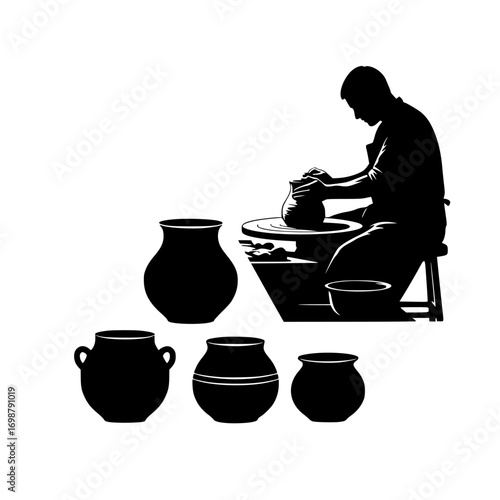 Silhouette of a potter working on a wheel with three finished pots displayed below isolated on white background isolated on transparent background