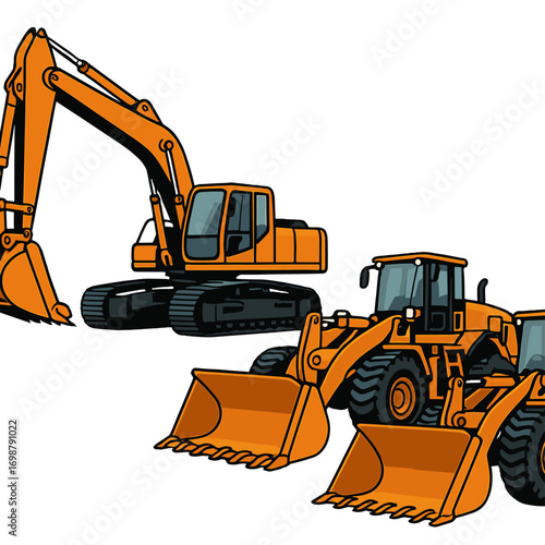 A close-up of an excavator and two bulldozer loaders against a white background, showcasing construction equipment for earthworks, a design element, and available for rent