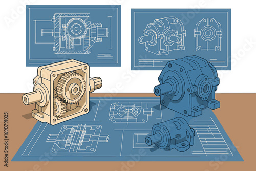 A comprehensive overview of the design process for a complex gearbox, showcasing technical drawings and 3D‑printed prototypes in an engineering workshop