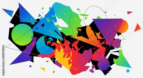 Vibrant Abstract Composition with Geometric Shapes and Dotted Lines.