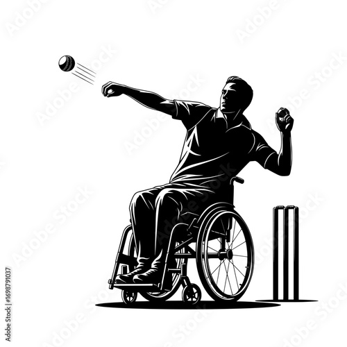 Wheelchair cricket fast bowler action – vector silhouette isolated
