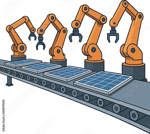 A modern, bright factory features a large production line equipped with industrial robot arms, where solar panels are assembled on conveyors in an automated manufacturing facility