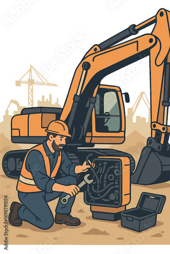 A heavy equipment mechanic fixes a hydraulic excavator on a construction site, showcasing skill and problem-solving