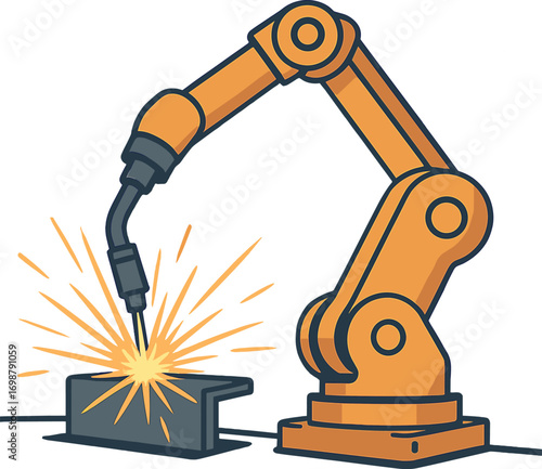 A robotic arm welds metal, producing sparks that fly across an industrial setting