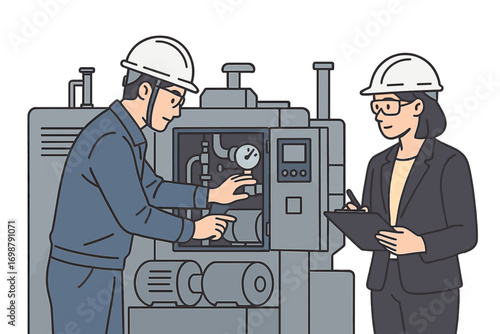 Engineers and factory managers wearing safety helmets inspect production machines, while an inspector opens a machine to test the system for compliance, and maintenance is performed