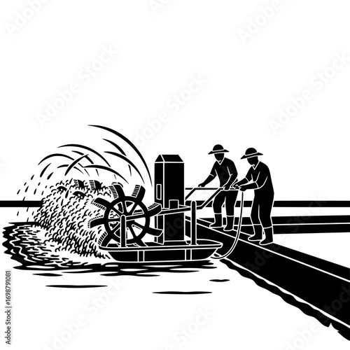 Vintage illustration of workers operating a water wheel pump system for irrigation on a riverbank silhouette isolated on white background isolated on transparent background