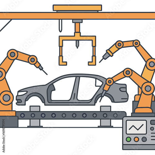 Industrial robots and machinery drive production lines in automotive factories