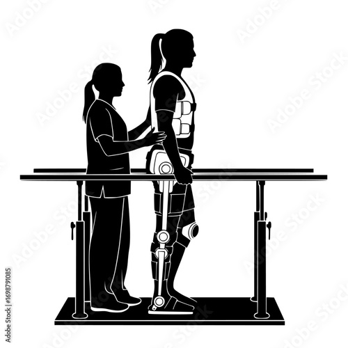 Rehabilitation physiotherapy with robotic exoskeleton gait training – vector silhouette isolated on white background with transparent background 