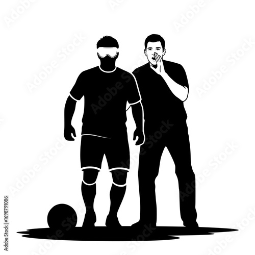 Silhouette of a blindfolded soccer player dribbling a ball.Blind football player dribbling with guide call – vector silhouette isolated