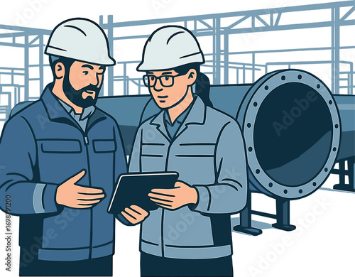 Two heavy industry engineers stand in a pipe manufacturing plant, using digital tablets to discuss the assembly of a large pipe for the design and construction of an oil, gas, and fuels transport