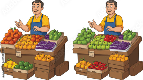Cheerful vendor at fruit and vegetable stand with crates, colorful produce, price sign, blue apron, and cartoon style illustration