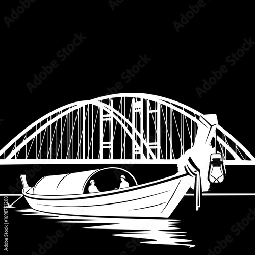 Traditional thai longtail boat with canopy and passengers crossing a river under a bridge at night silhouette isolated on  black background isolated on transparent background