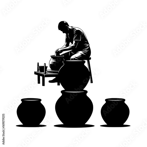 Silhouette of a potter working on a wheel with three finished pots displayed below isolated on white background isolated on transparent background