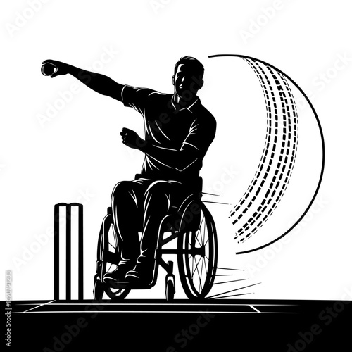 Wheelchair cricket fast bowler action – vector silhouette isolated
