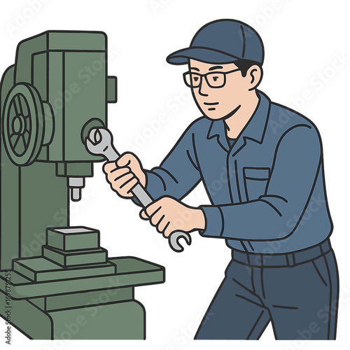 An Asian engineer mechanic inspects and uses a wrench to maintain a metal machine in a factory, embodying industrial work