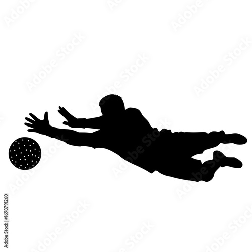 Dynamic silhouette of a soccer goalkeeper diving to save a ball in mid air isolated on white background isolated on transparent background