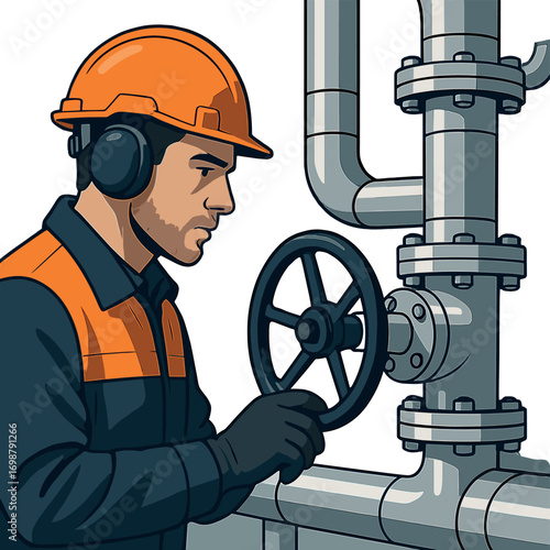 A close-up of a male industrial worker examining steel pipes and valves in a high‑tech oil and gas refinery, with a blurred background of machinery