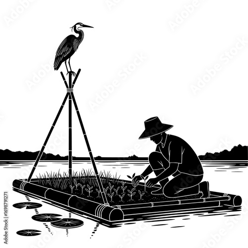 Silhouette farmer tending to floating plants in water with a heron standing on a pole nearby isolated on white background isolated on transparent background