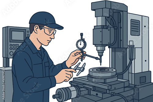 An engineer conducts precise calibration inspections on advanced manufacturing machinery, concentrating on intricate equipment and industrial technology within a professional factory setting