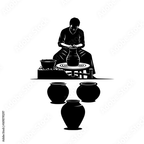 A skilled artisan meticulously crafting clay pots on a pottery wheel surrounded by finished vessels isolated on white background isolated on transparent background silhouette