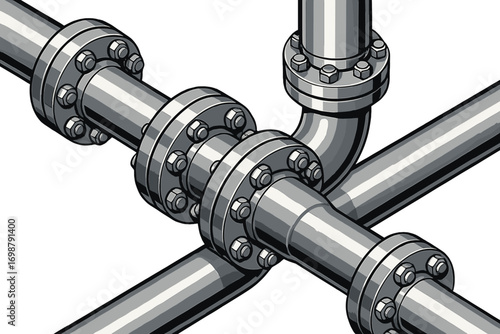 A close-up of industrial metal pipe components reveals detailed polished flanges and sturdy fasteners held together by many bolts