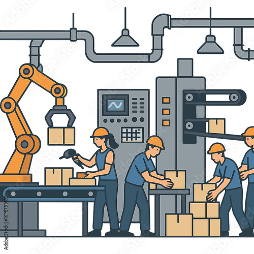 Observe a factory shop spring into action as machinery runs and workers assemble products efficiently, showcasing bustling industrial activity