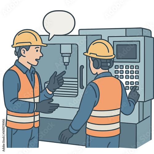 An industry engineer and team of workers teach, assist, and discuss production machines, setting them up for operation in a modern factory, while staff operate and control heavy machinery
