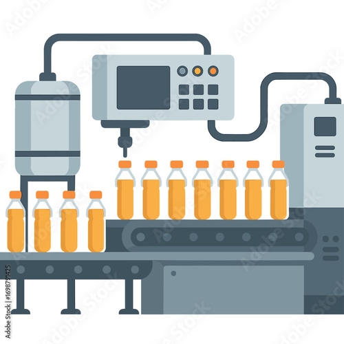 A modern automated conveyor line in a beverage plant moves plastic PET bottles filled with fresh organic juice inside the factory