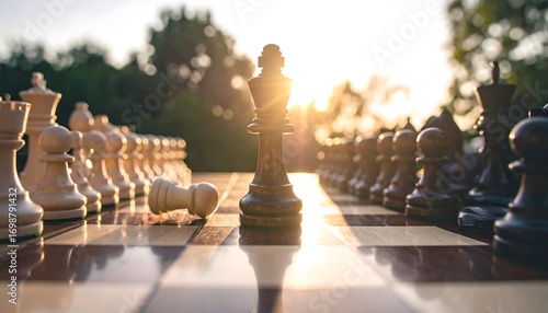 Chess piece confrontation at sunset