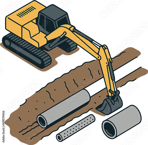 Bird’s-eye view of an excavator installing drainage infrastructure