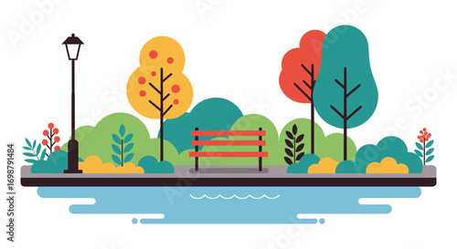 a serene park scene with colorful trees bench and lamp post