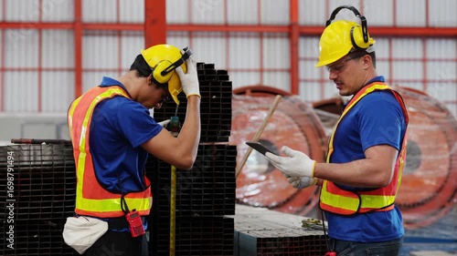 Stress at Work: Two construction workers in hard hats and safety vests stand in a warehouse, one looking stressed while the other consults a tablet.