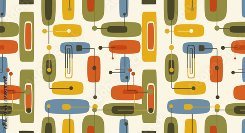 Retro Atomic Era Seamless Pattern with Geometric Shapes and Lines.