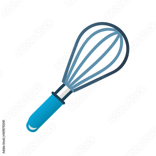 Illustration of a blue handled wire whisk with a teardrop shaped balloon on a white isolated background