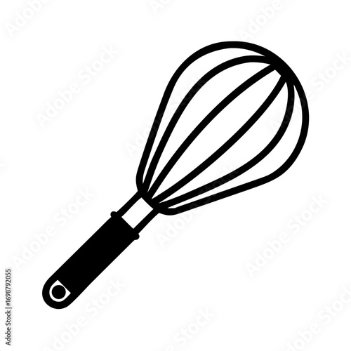 Illustration of a black and white whisk with a rounded handle and wire loops for mixing ingredients
