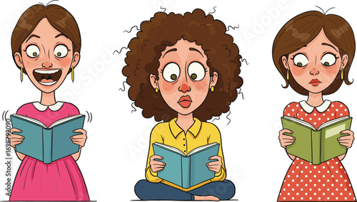 Cartoon women reading books with emotional expressions – excitement, surprise, contemplation – diverse female characters in storytelling and literature scenes