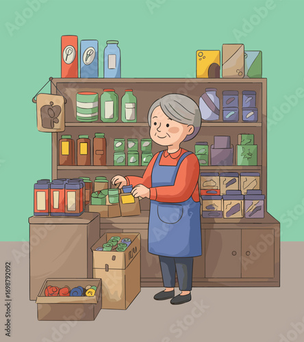 Senior shopkeeper organizing products in cozy store interior with shelves, cardboard boxes, paper bag, colorful items, and blue apron