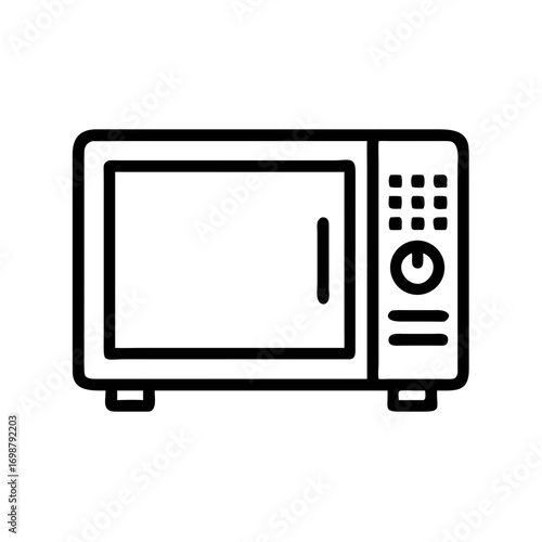 Illustration of a black outline microwave oven with a door and control panel on a white background