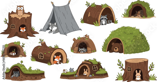 Whimsical Animal Homes in Nature Featuring Fox, Bear, Owl, Rabbit, and More for Storybook, Wildlife, and Vector Illustration Design