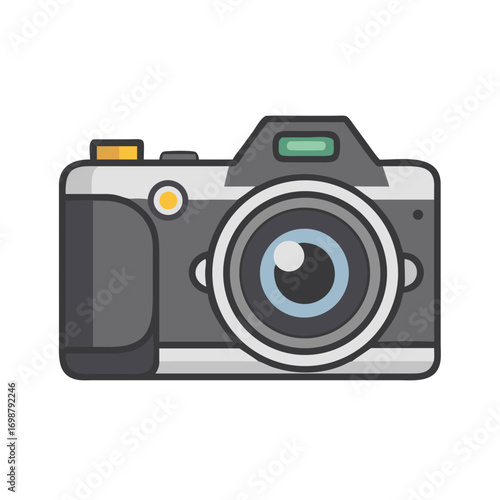 Illustration of a gray and white camera with a blue lens and yellow accents on a white background