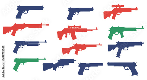 colorful firearms arranged neatly in rows and columns