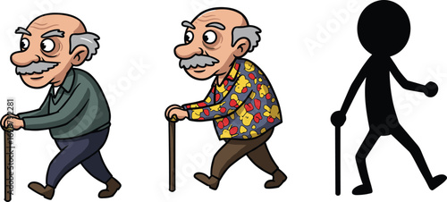 Elderly man walking with cane in three cartoon styles, casual outfit, floral jacket, and silhouette, senior character vector illustration