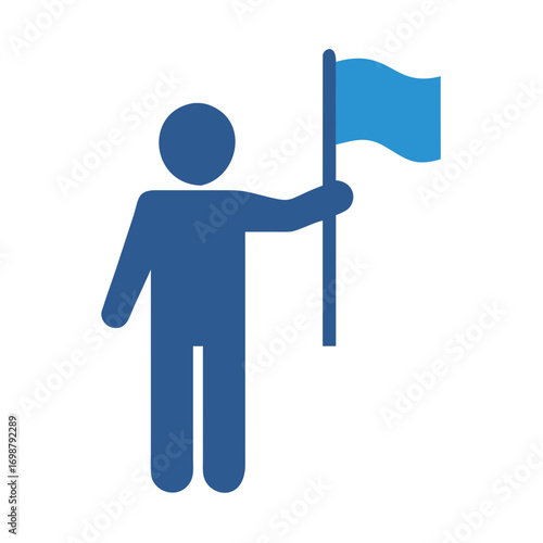 Illustration of a stylized blue figure holding a blue flag on a pole against a white background image